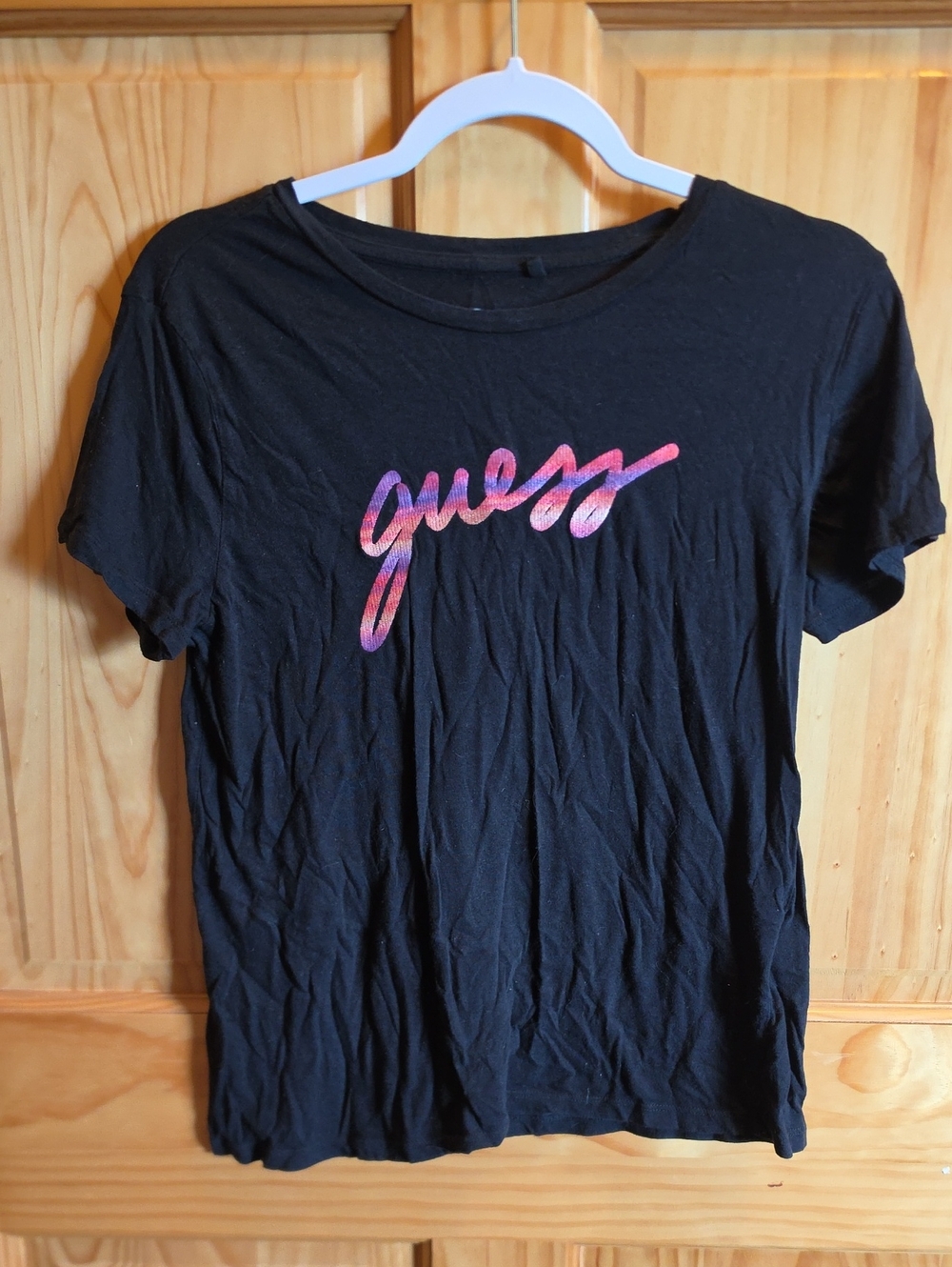 GUESS Black Tee with Pink Script Logo Gradient